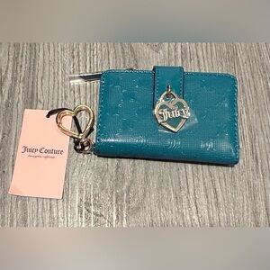 NWT Juicy Couture Teal Patent Heart Charm Zip Wallet